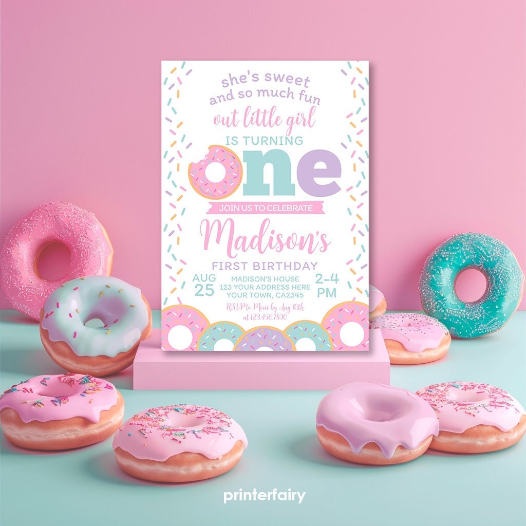 Donut First Birthday Invitation, Sweet One Party Template (Digital Download)