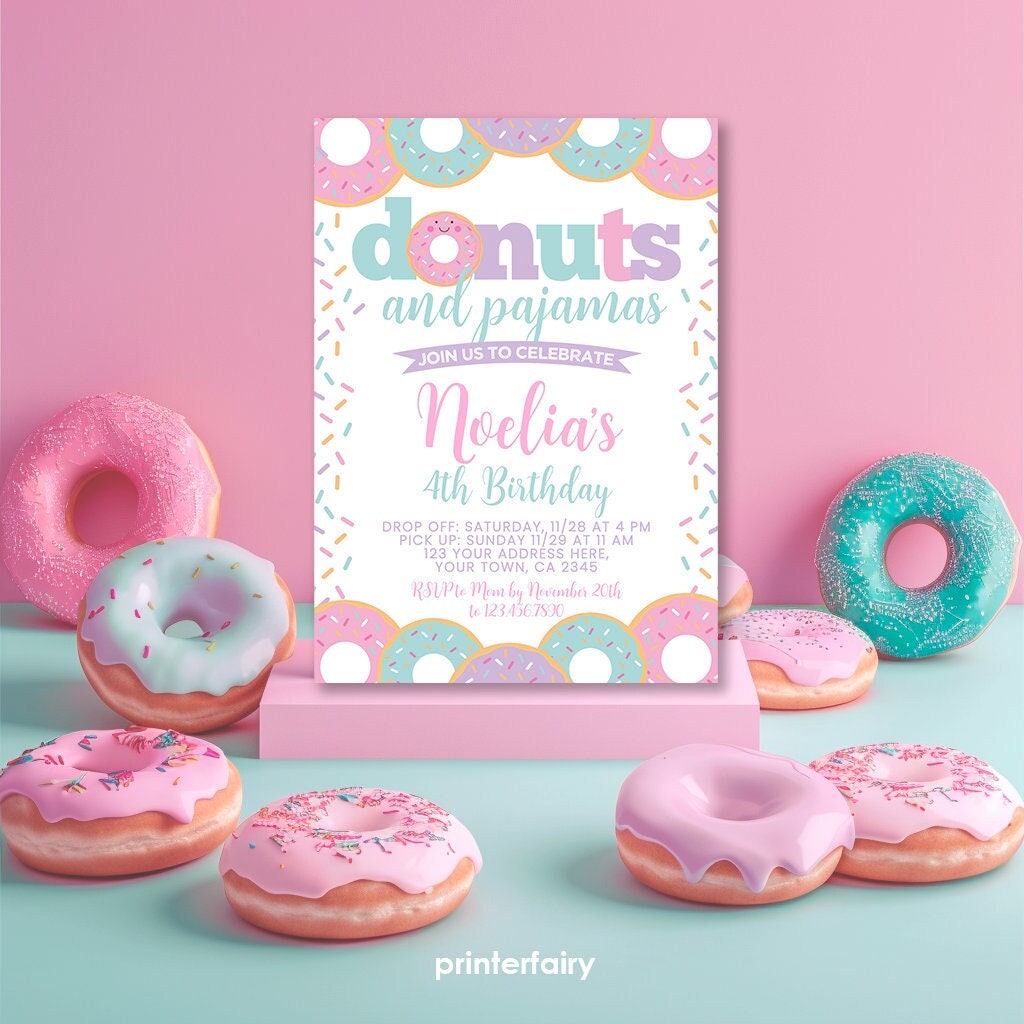 Donuts and Pajamas Birthday Invitation, Editable Donut Party Invite (Instant Download)