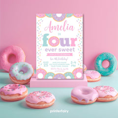 Donut 4th Birthday Invitation Template, Editable Party Invite (Instant Download)