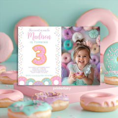 Donut 3rd Birthday Invitation Template, Sprinkle Party (Editable Invitation, Instant Download)
