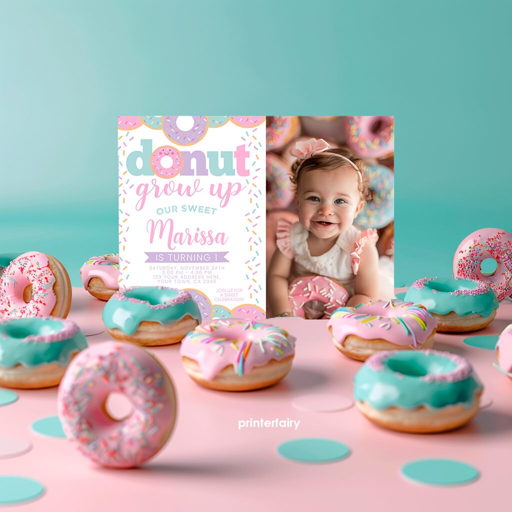 Donut Grow Up Birthday Invitation Template, Sprinkles, Photo (Digital Download)