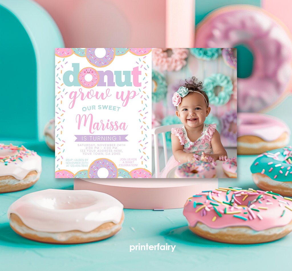 Donut Grow Up Birthday Invitation Template, Sprinkles, Photo (Digital Download)