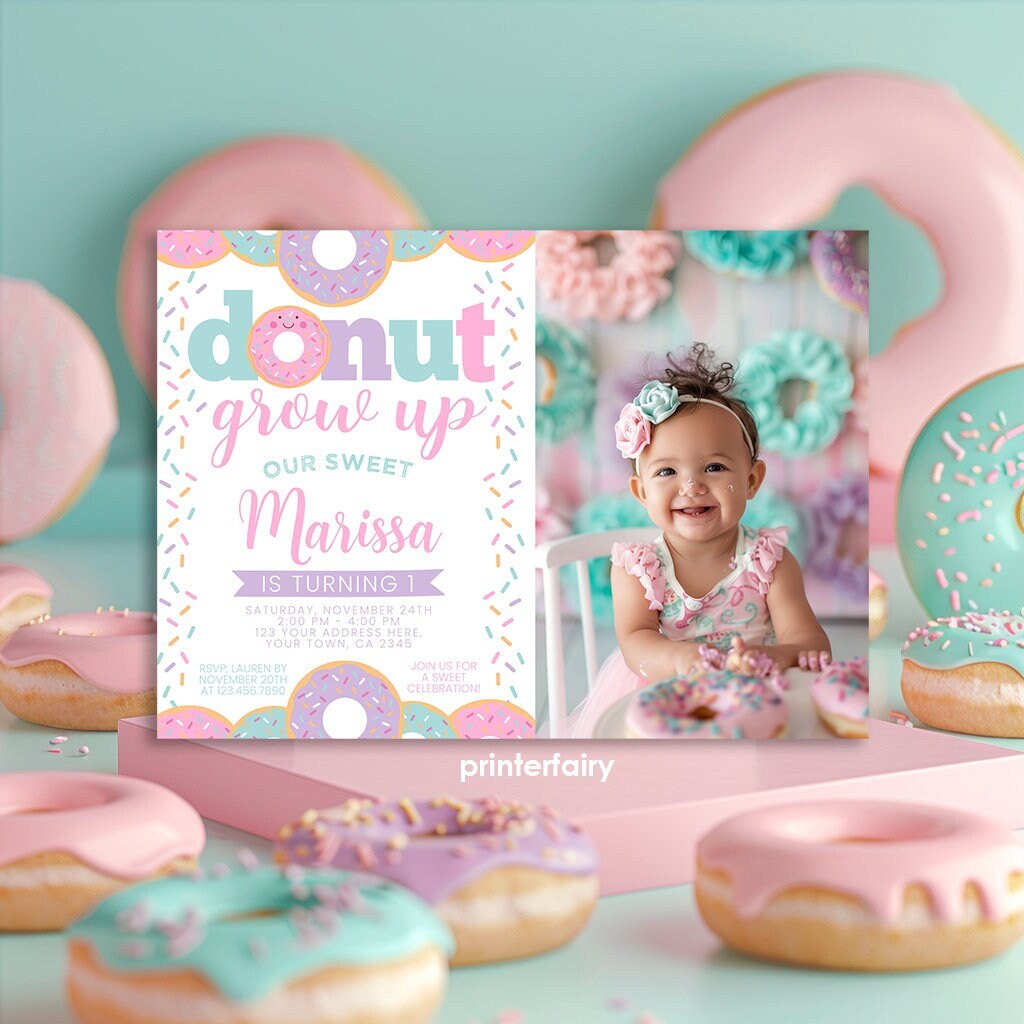 Donut Grow Up Birthday Invitation Template, Sprinkles, Photo (Digital Download)