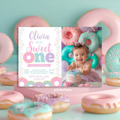 Donut First Birthday Invitation with Photo, Editable Template