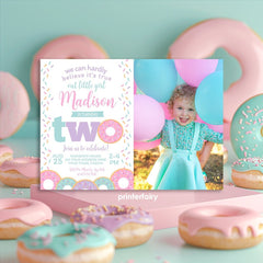 Donut 2nd Birthday Invitation with Photo, Sprinkles Party (EDITABLE)