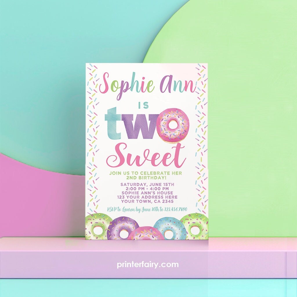 Donut 2nd Birthday Invitation Template, Two Sweet Invite (Instant Download)