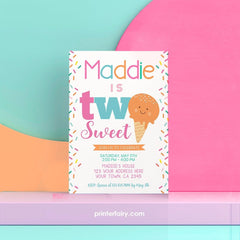 Ice Cream Party Invitation Template, Two Sweet 2nd Birthday Invitation, Instand Download