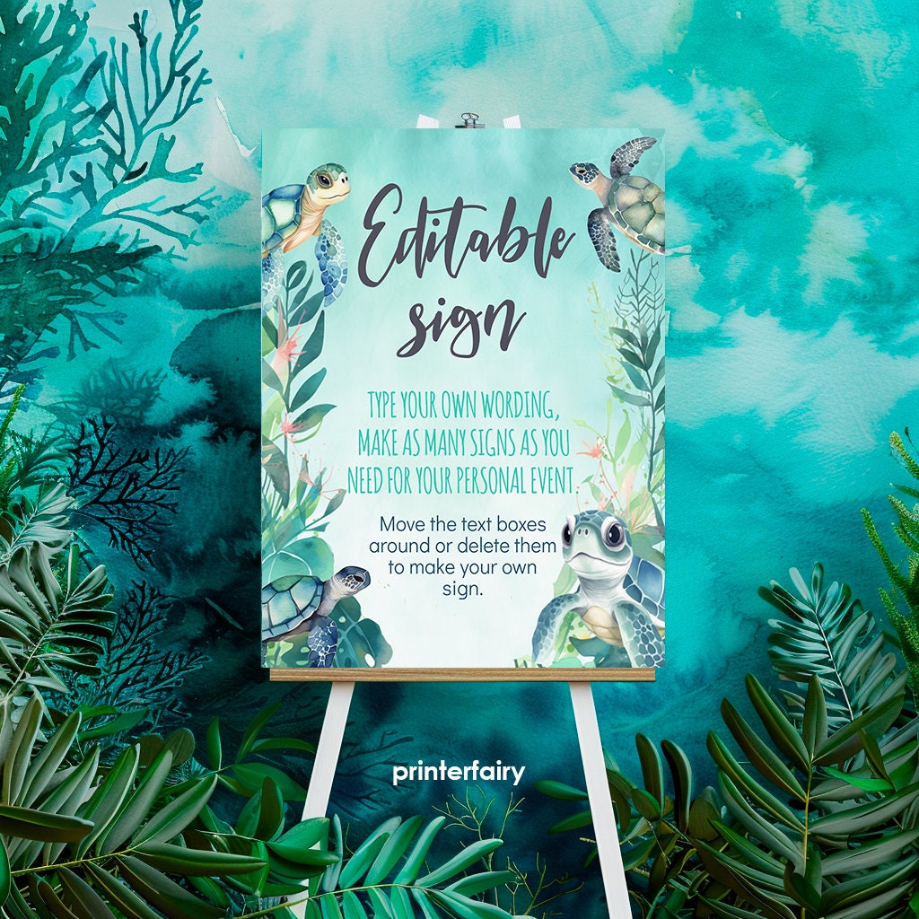 Sea Turtle Birthday Party Sign, Editable Template (Digital Download)