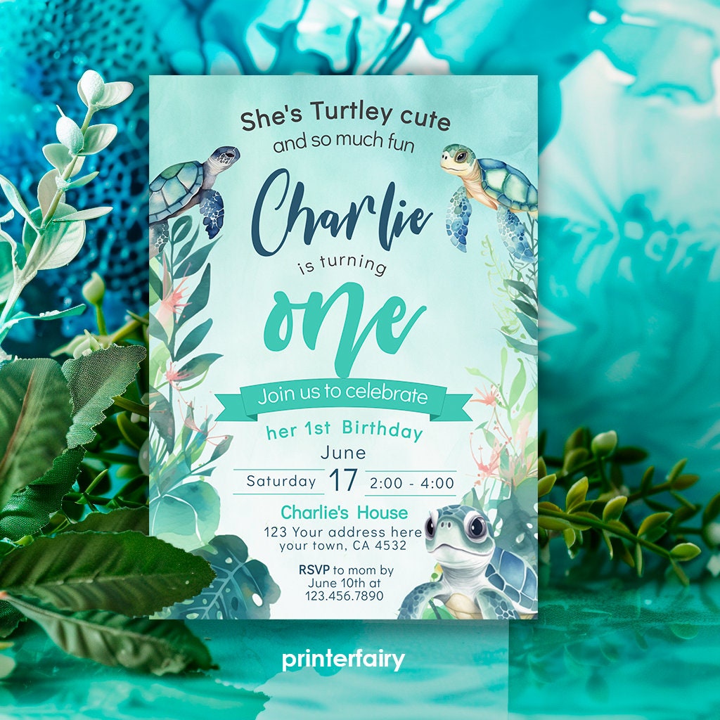 Sea Turtle 1st Birthday Invitation, Under The Sea Party (Editable Digital Template)