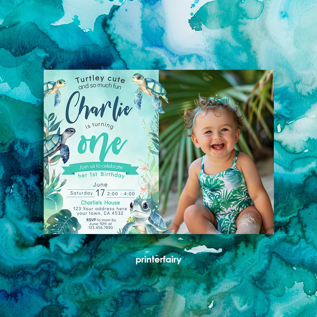 Sea Turtle 1st Birthday Invitation, Photo, Under The Sea (Editable)