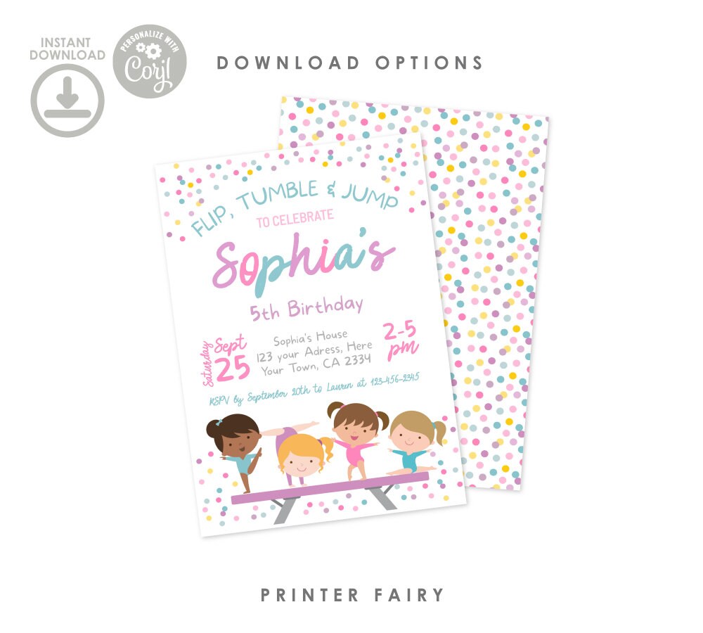 Gymnastics Birthday Party Invitation, Editable Template (Instant Download)