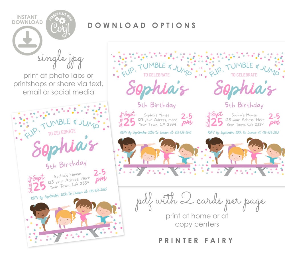 Gymnastics Birthday Party Invitation, Editable Template (Instant Download)