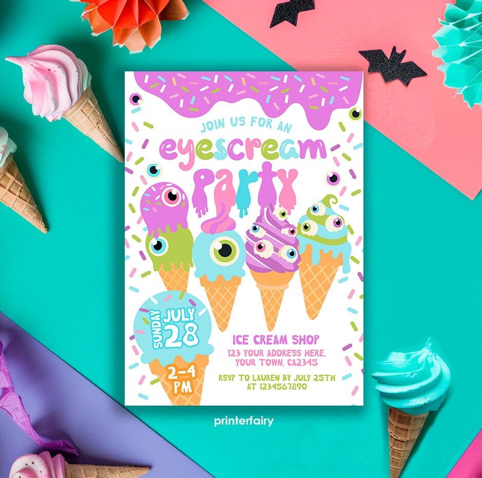 Eyescream Party Invitation, Retro Halloween, Ice Cream (Editable, Instant Download)