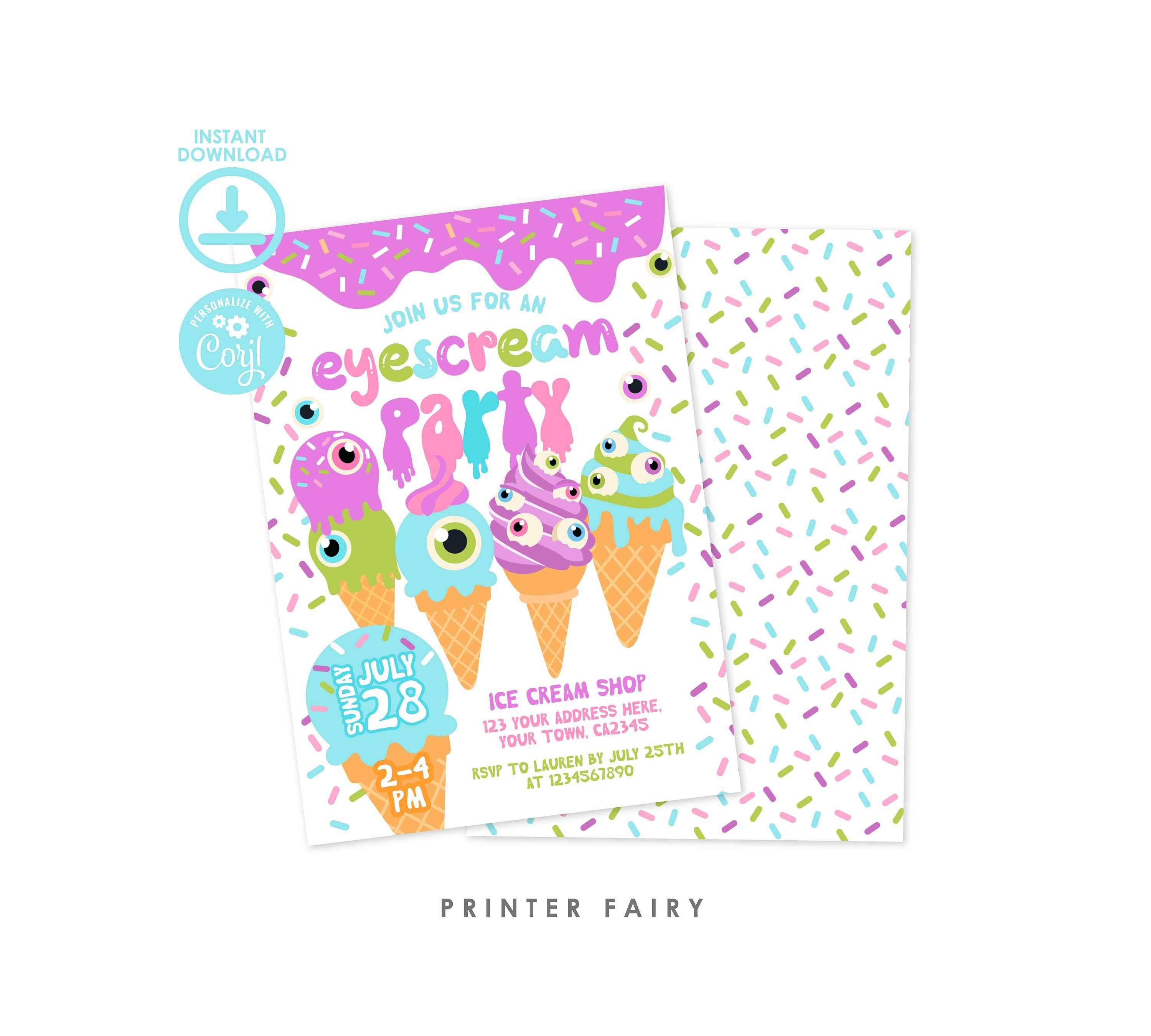 Eyescream Party Invitation, Retro Halloween, Ice Cream (Editable, Instant Download)