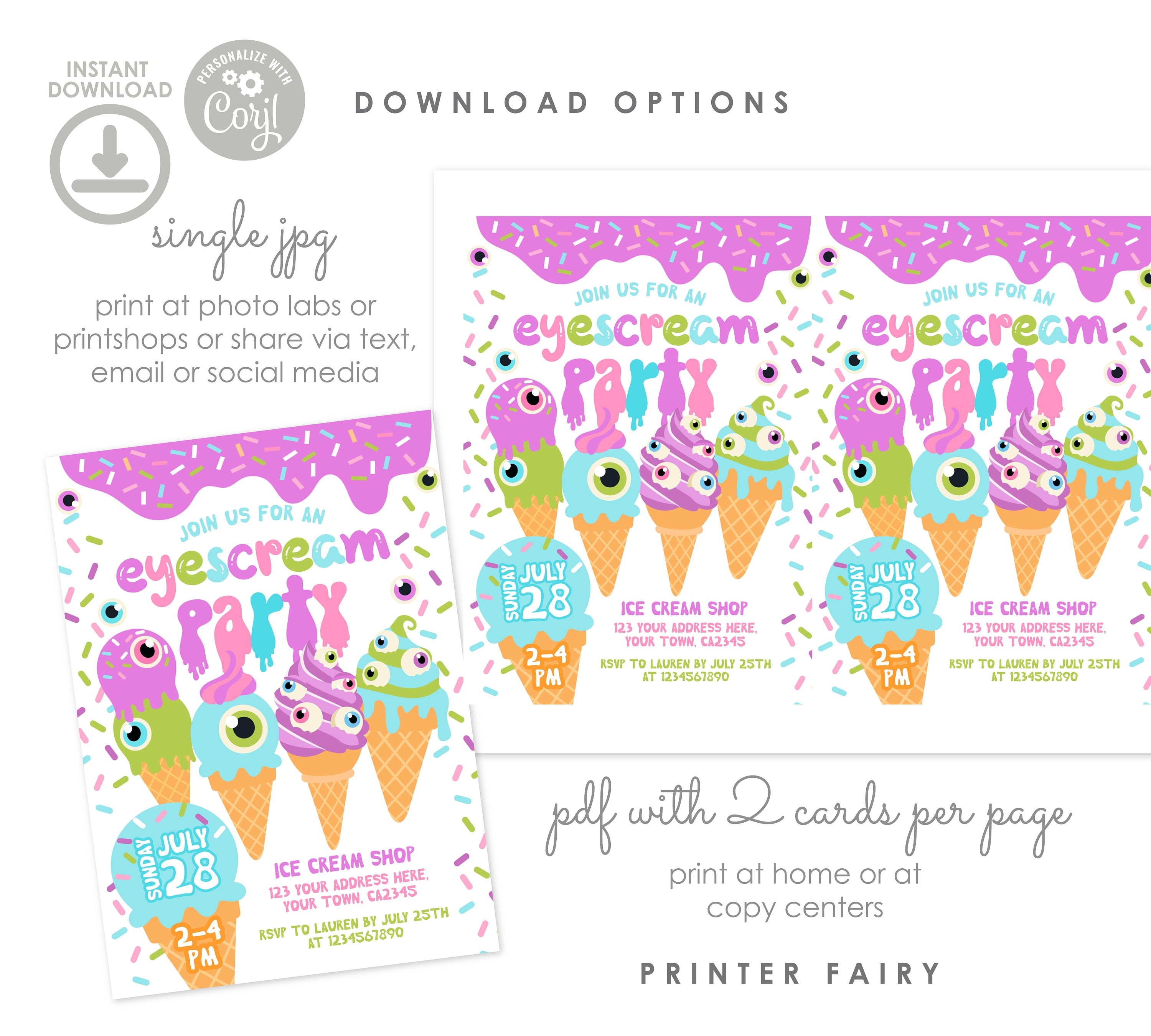 Eyescream Party Invitation, Retro Halloween, Ice Cream (Editable, Instant Download)
