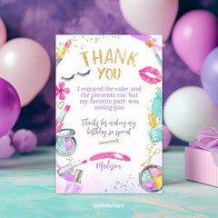 Spa Party Thank You Card, Glam Makeup Birthday Note (Digital Download)