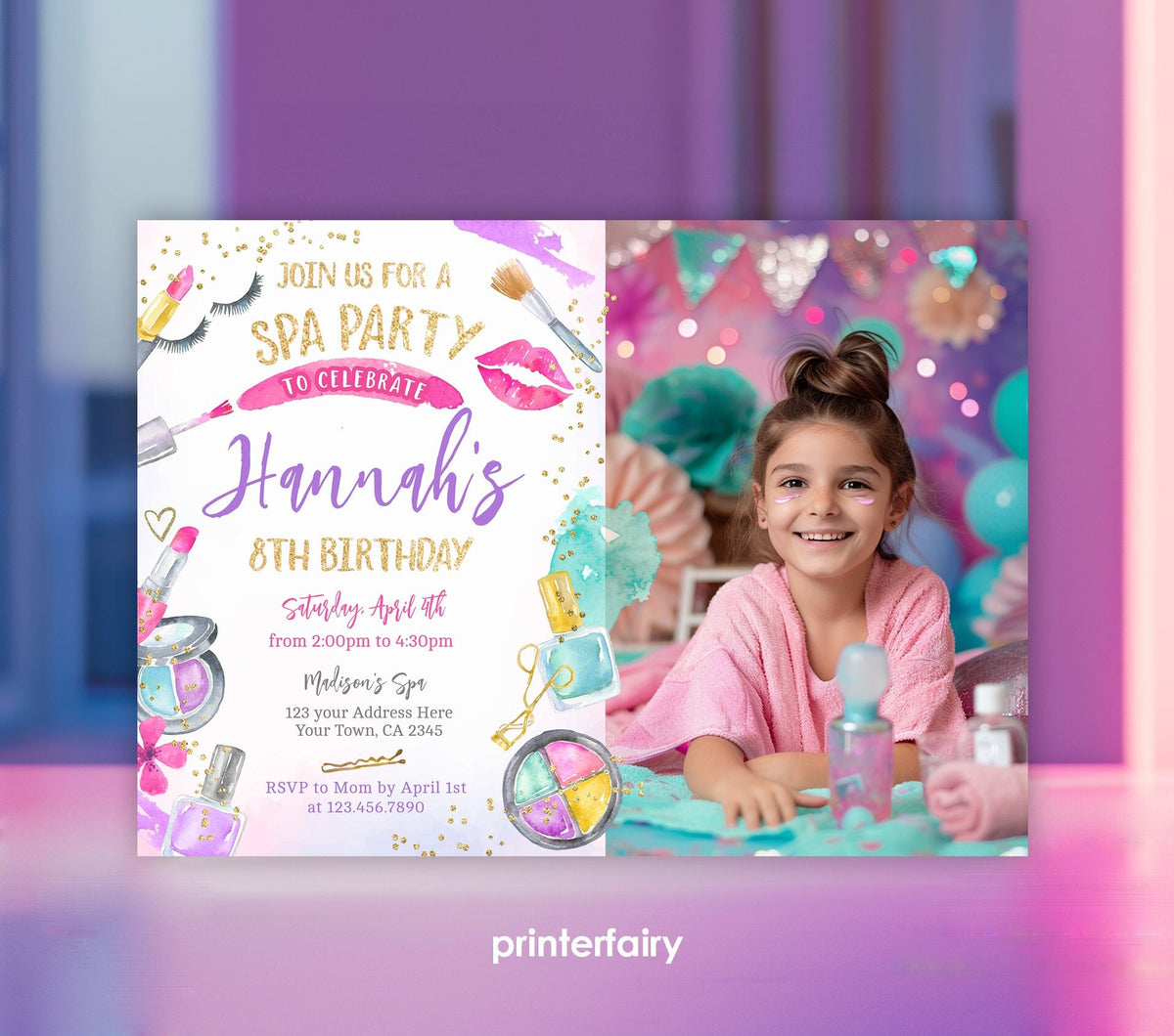 Spa Birthday Party Invitation, Photo, Glam Makeup (Editable Digital Item)