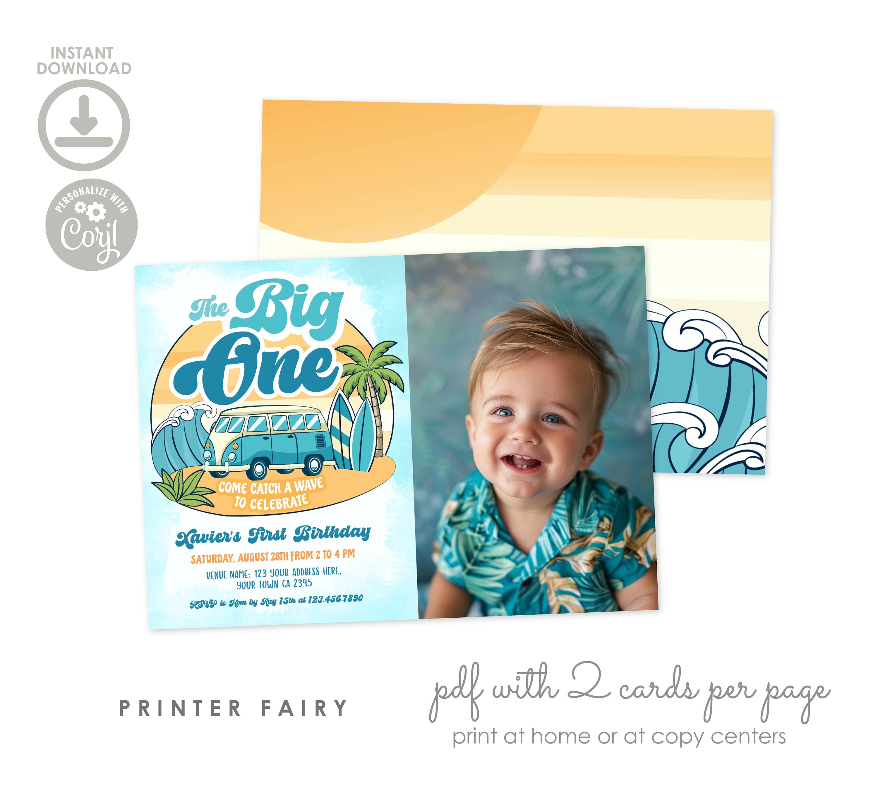 Editable Big One Surf Birthday Invitation with Photo (Digital Download)