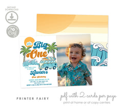 Retro Surf Birthday Invitation, Photo, Big One (INSTANT DOWNLOAD)