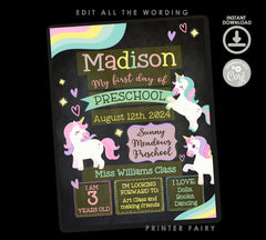 Unicorn First Day of School Sign, Editable Board (Digital Download)