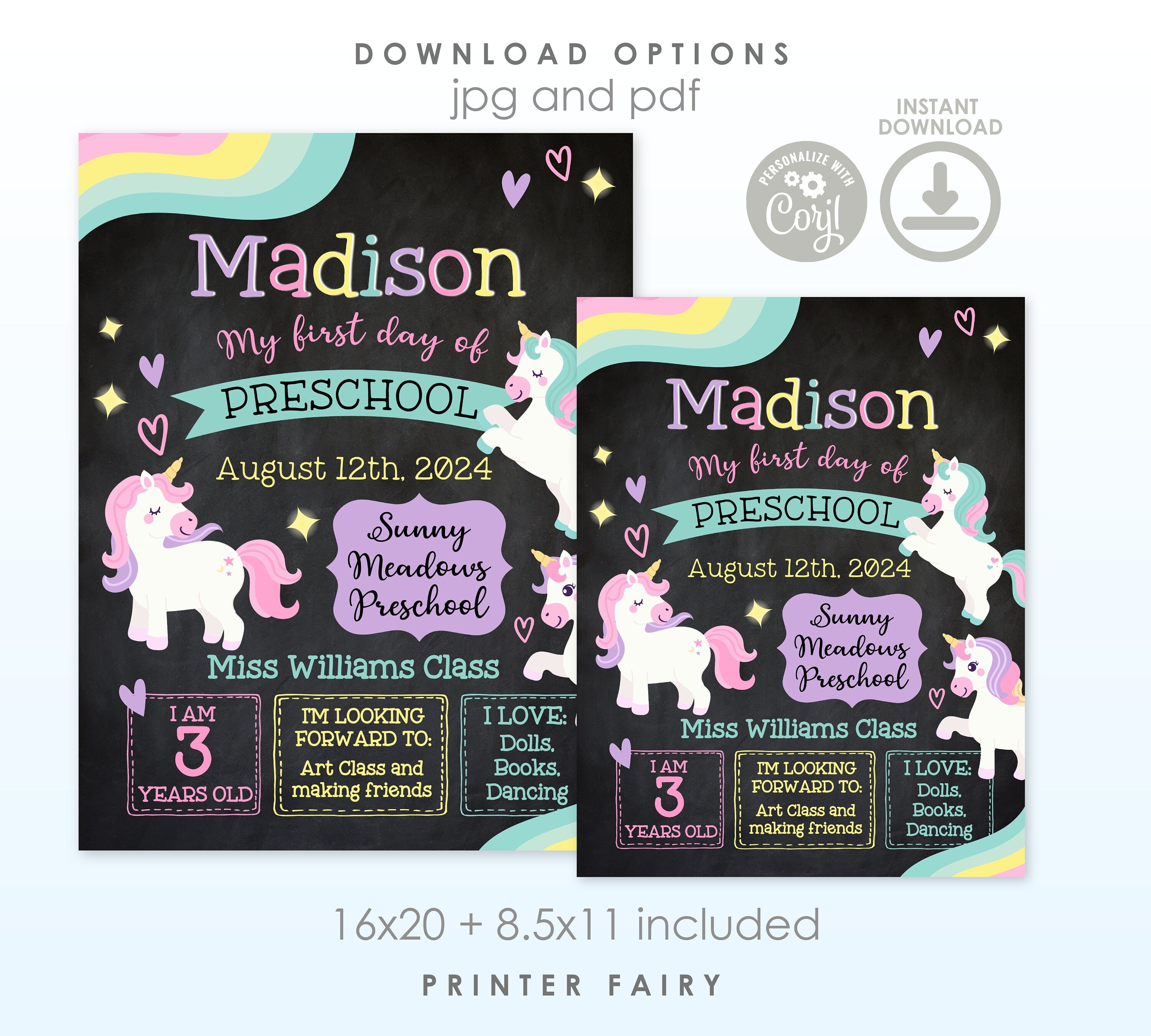 Unicorn First Day of School Sign, Editable Board (Digital Download)