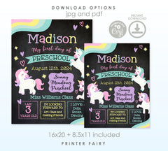 Unicorn First Day of School Sign, Editable Board (Digital Download)