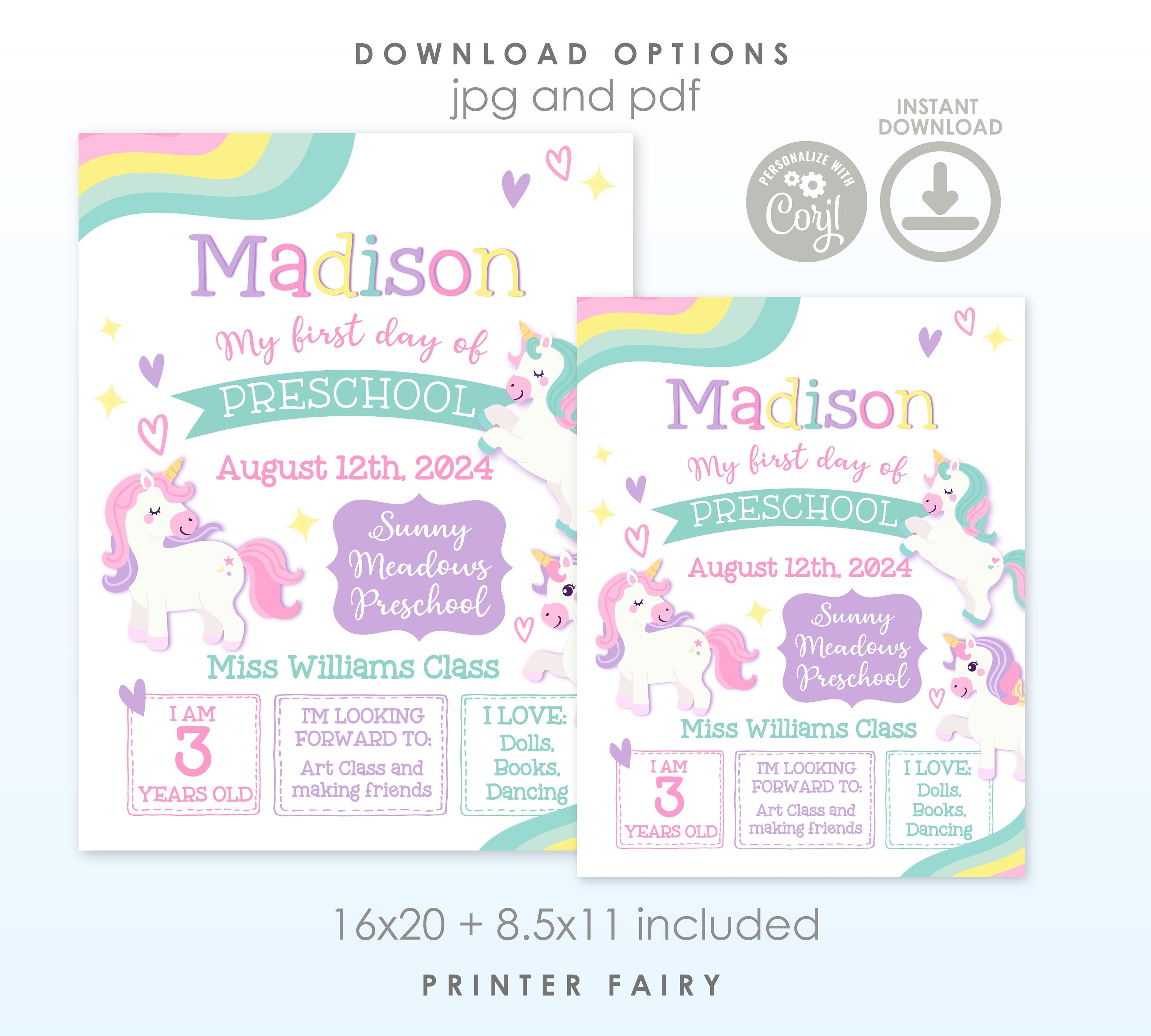 Unicorn Back to School Sign, First Day, ANY GRADE (Editable, Instant Download)