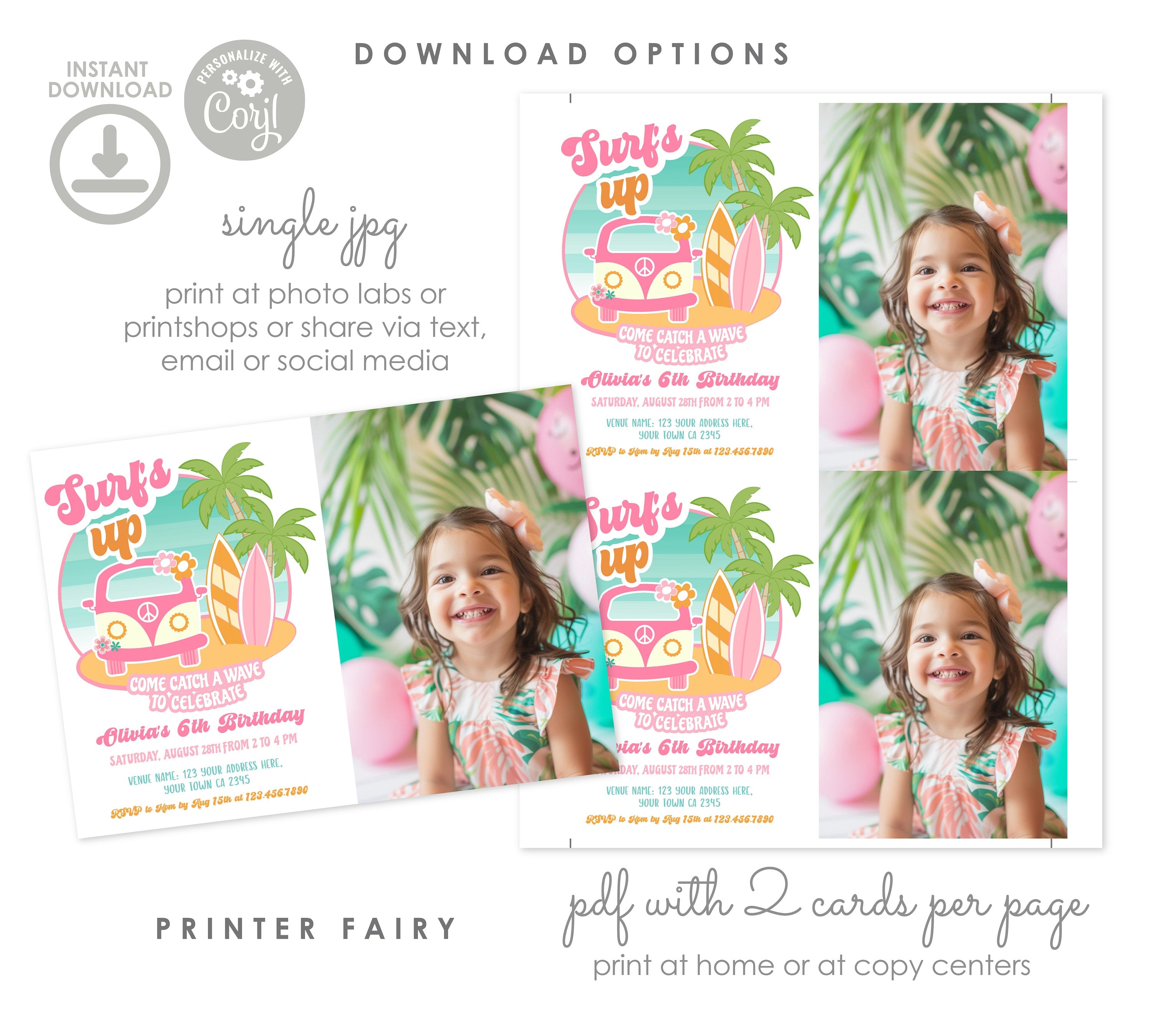 Retro Surf Birthday Party Invitation, Editable Van Surfboard Invite (Digital Download)
