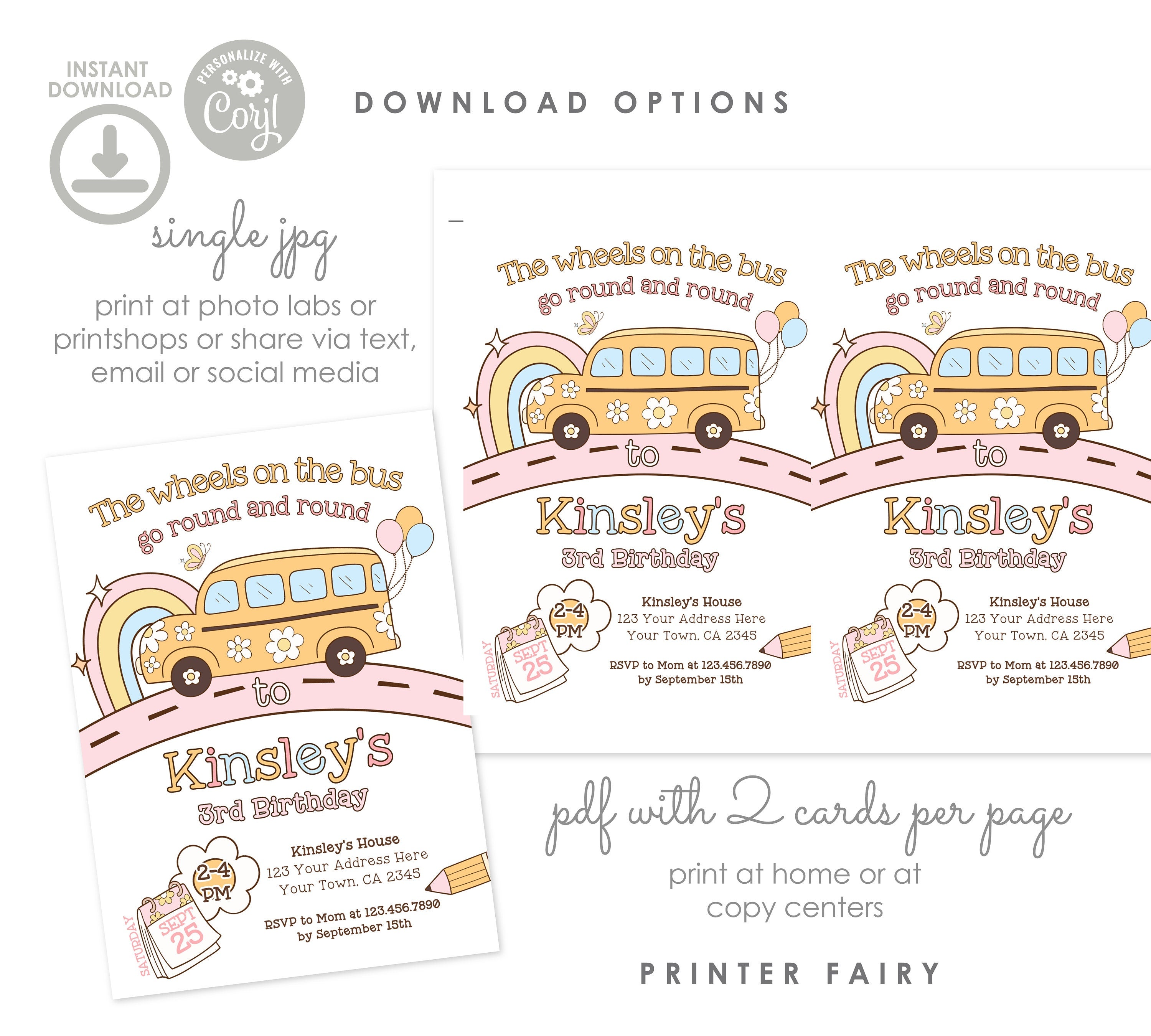 Wheels on the Bus Birthday Invitation, Rainbow School Bus (Instant Download)
