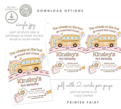 Wheels on the Bus Birthday Invitation, Rainbow School Bus (Instant Download)