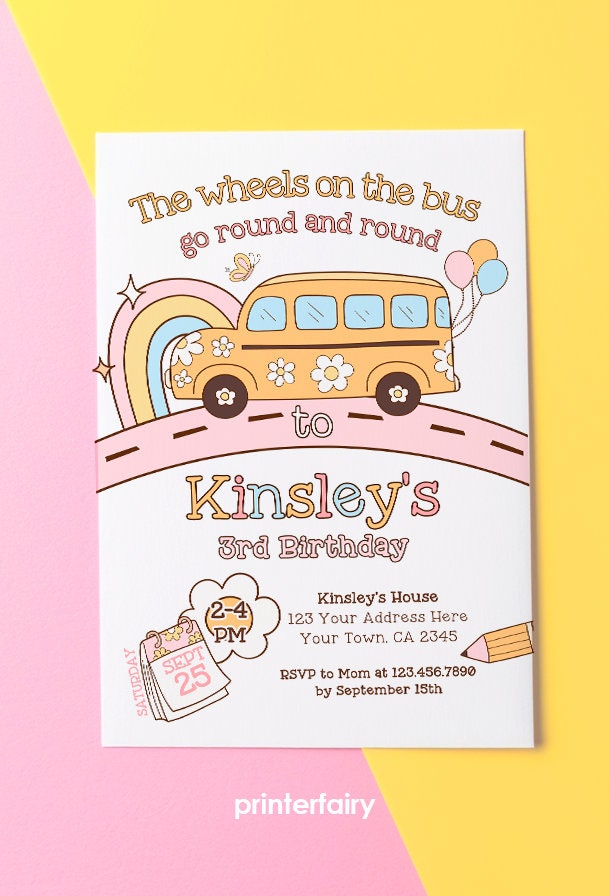 Wheels on the Bus Birthday Invitation, Rainbow School Bus (Instant Download)