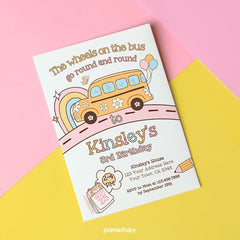 Wheels on the Bus Birthday Invitation, Rainbow School Bus (Instant Download)