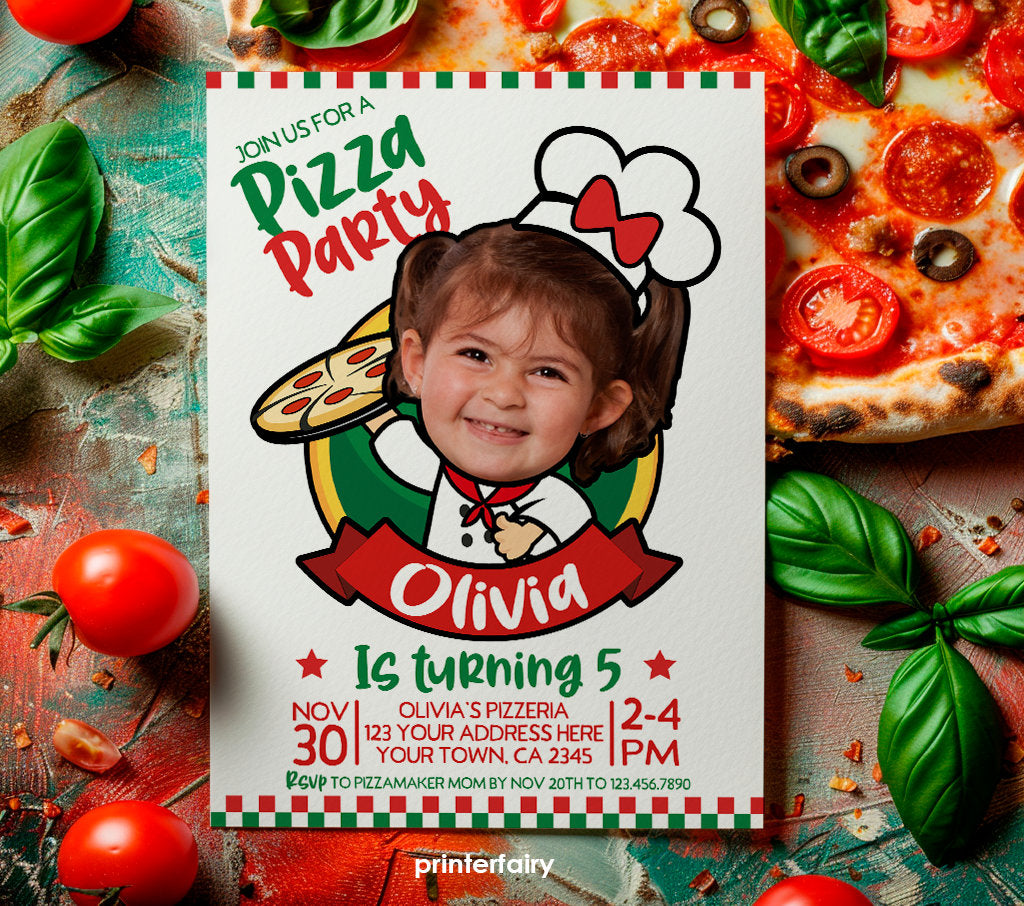 Personalized Pizza Party Invitation, Girl Birthday, Chef Theme (Digital)
