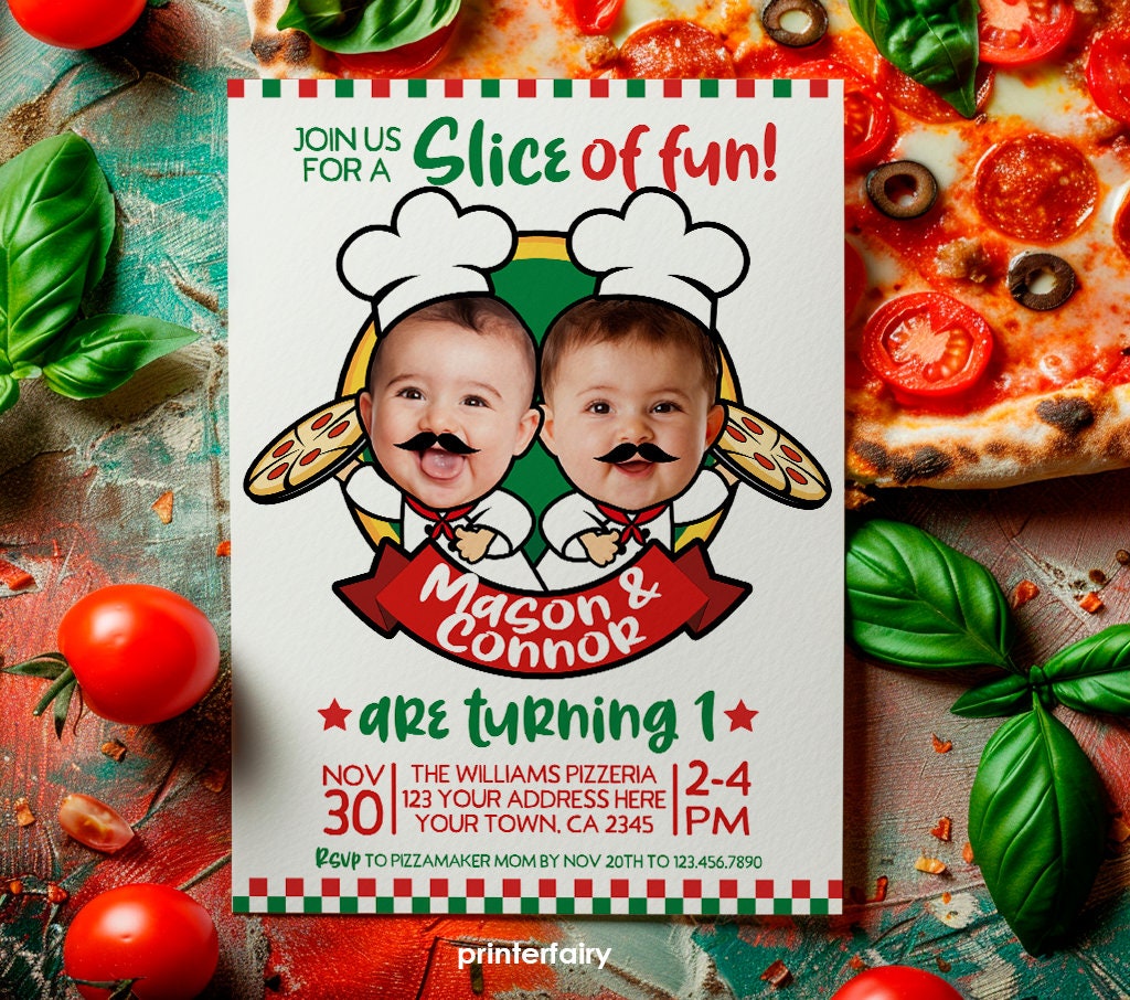 Pizza Twins Birthday Invitation with Photo (Digital)