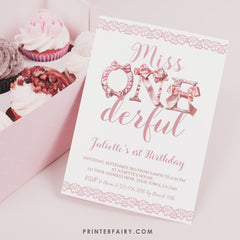 Coquette Miss OneDerful 1st Birthday Invitation, Pink Bow (Instant Download)