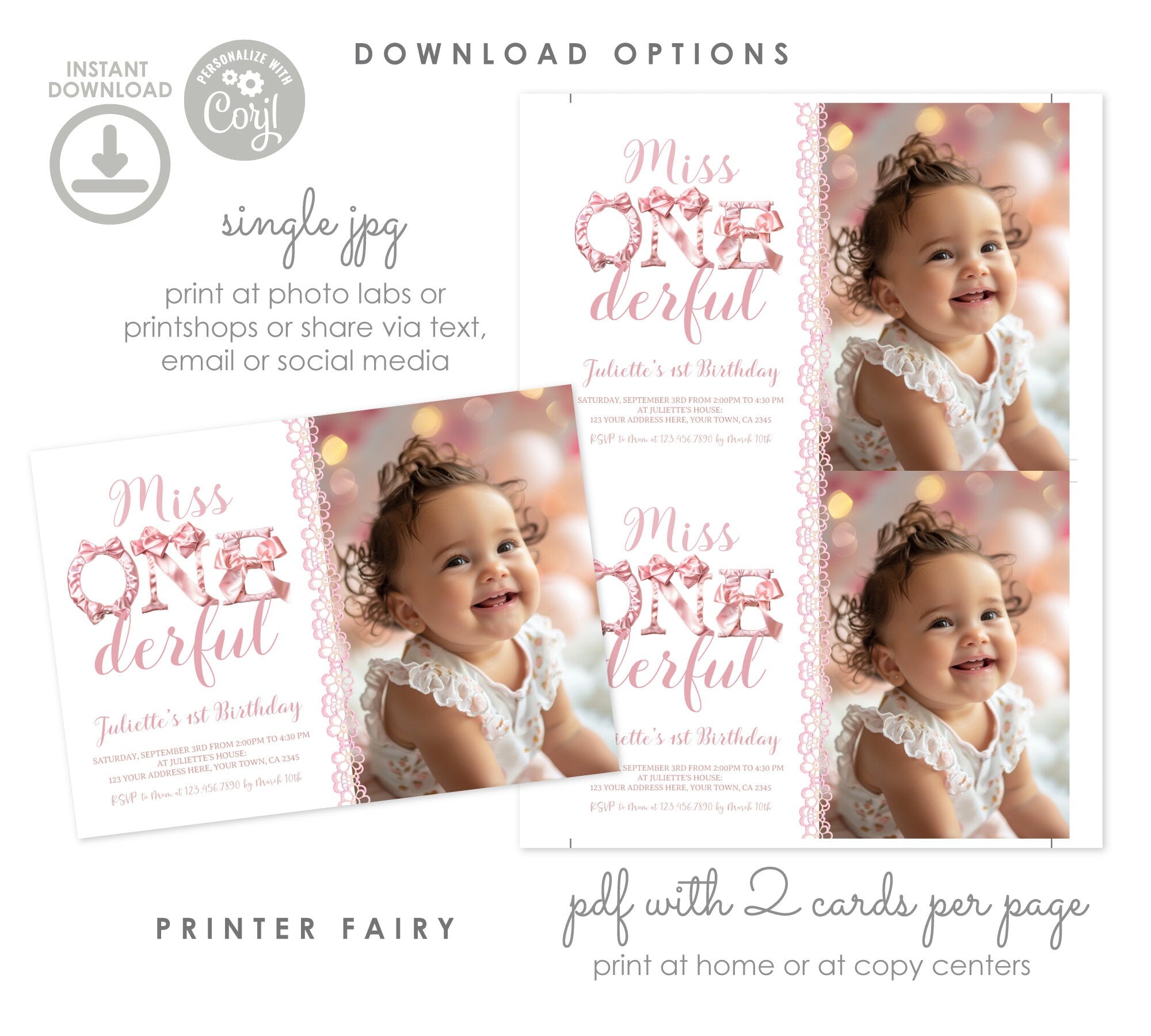 Coquette 1st Birthday Invitation, Pink Bows, Photo (Instant Download)
