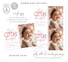 Coquette 1st Birthday Invitation, Pink Bows, Photo (Instant Download)
