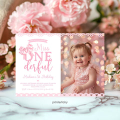 Coquette First Birthday Invitation with Photo, Pink Bow (Digital Download)