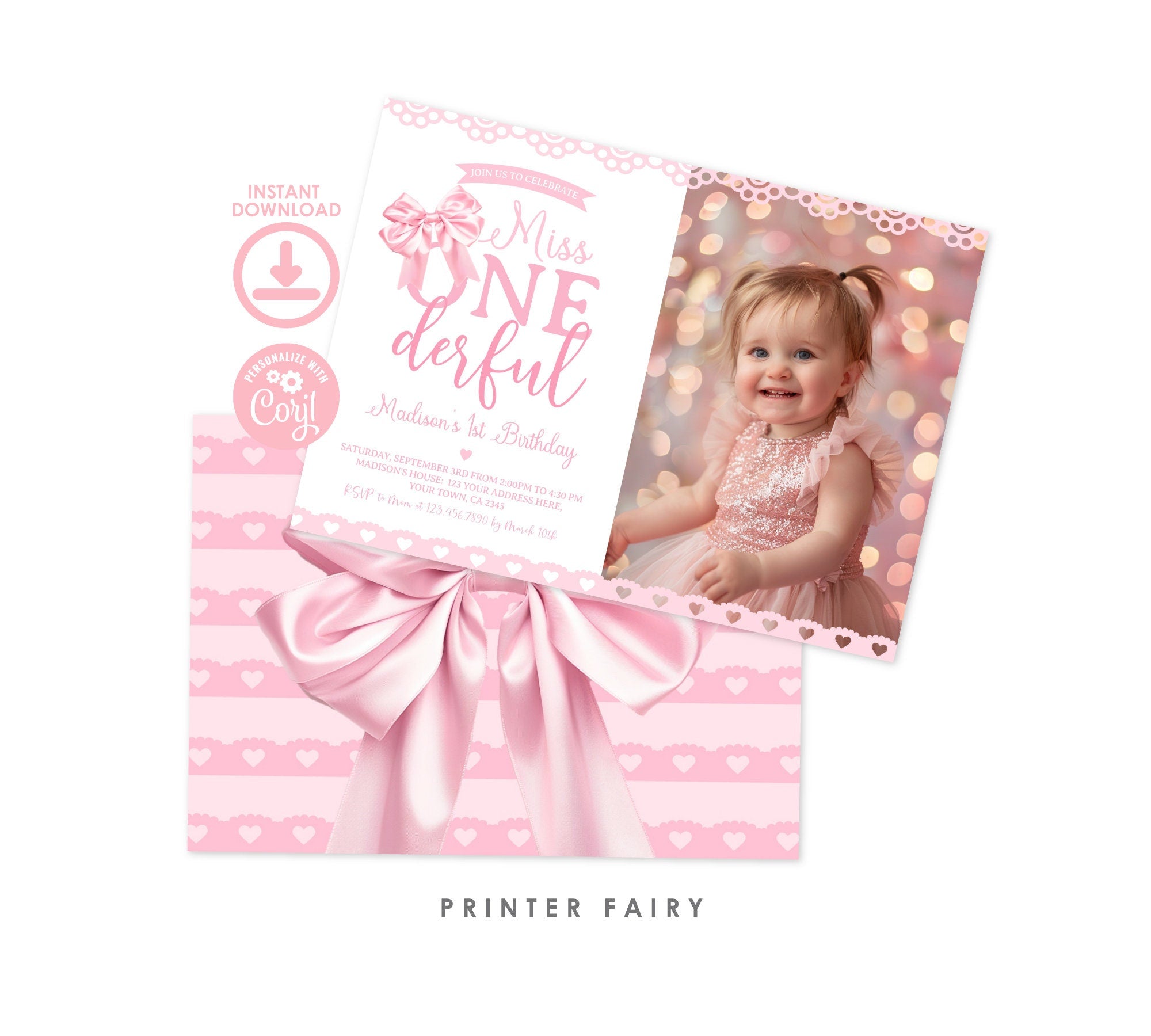 Coquette First Birthday Invitation with Photo, Pink Bow (Digital Download)