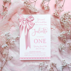 Pink Bow 1st Birthday Invitation Template, Coquette Party (Instant Download)