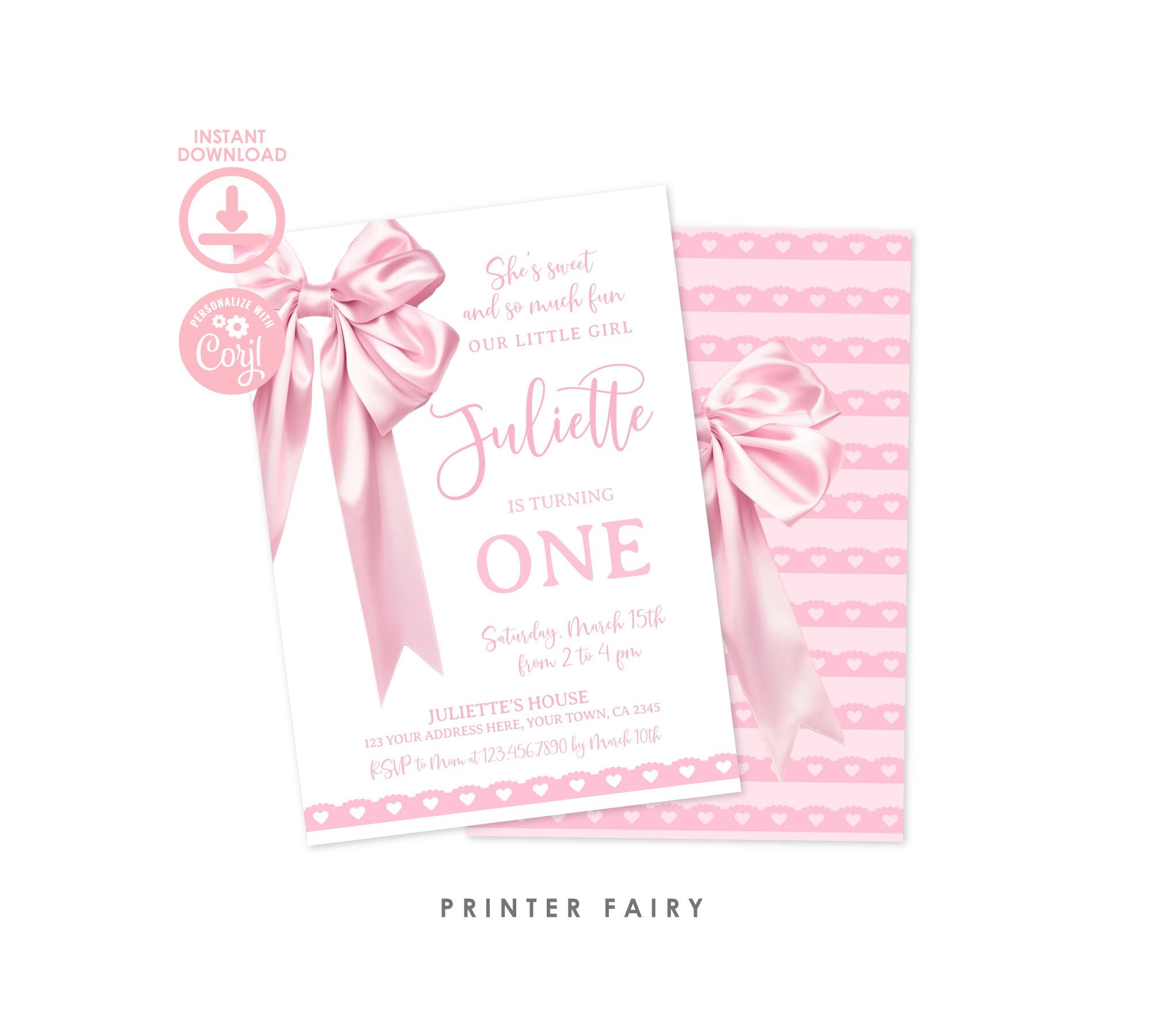 Pink Bow 1st Birthday Invitation Template, Coquette Party (Instant Download)