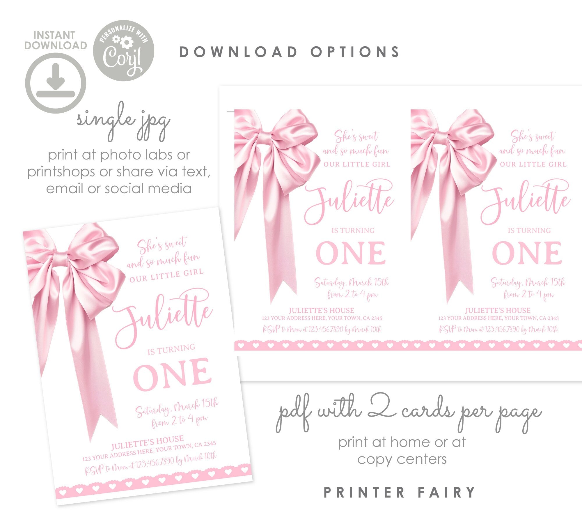 Pink Bow 1st Birthday Invitation Template, Coquette Party (Instant Download)