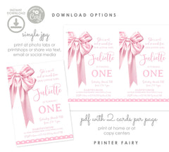 Pink Bow 1st Birthday Invitation Template, Coquette Party (Instant Download)