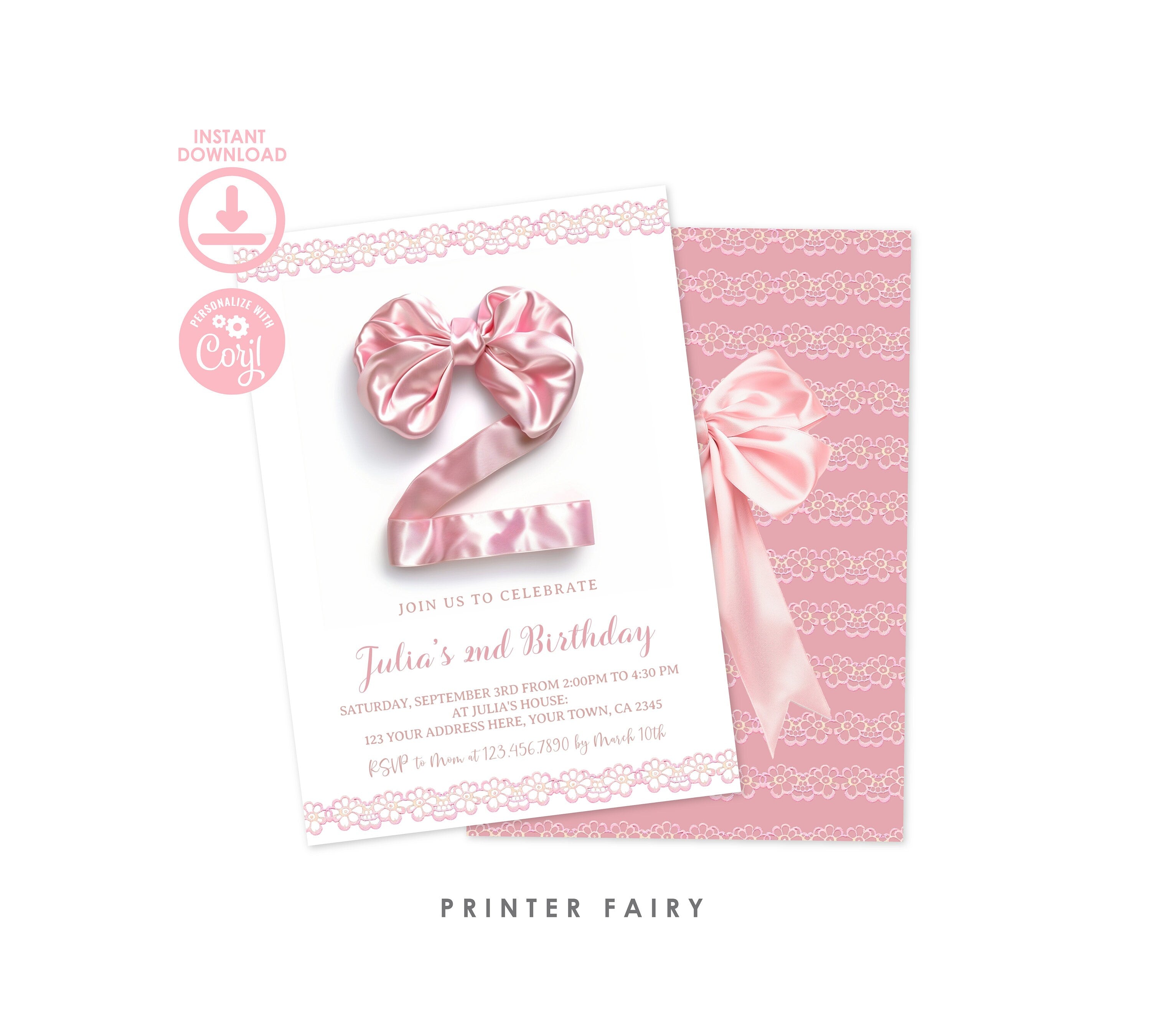 Coquette 2nd Birthday Invitation Template, Pink Bow (Digital Download)
