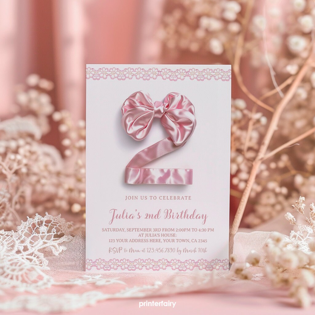 Coquette 2nd Birthday Invitation Template, Pink Bow (Digital Download)