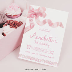 Coquette Birthday Invitation Template, Pink Bow Party Invite (Instant Download)