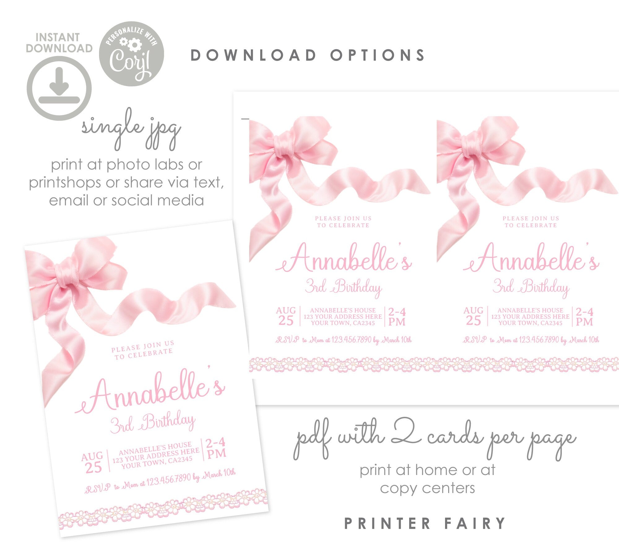 Coquette Birthday Invitation Template, Pink Bow Party Invite (Instant Download)