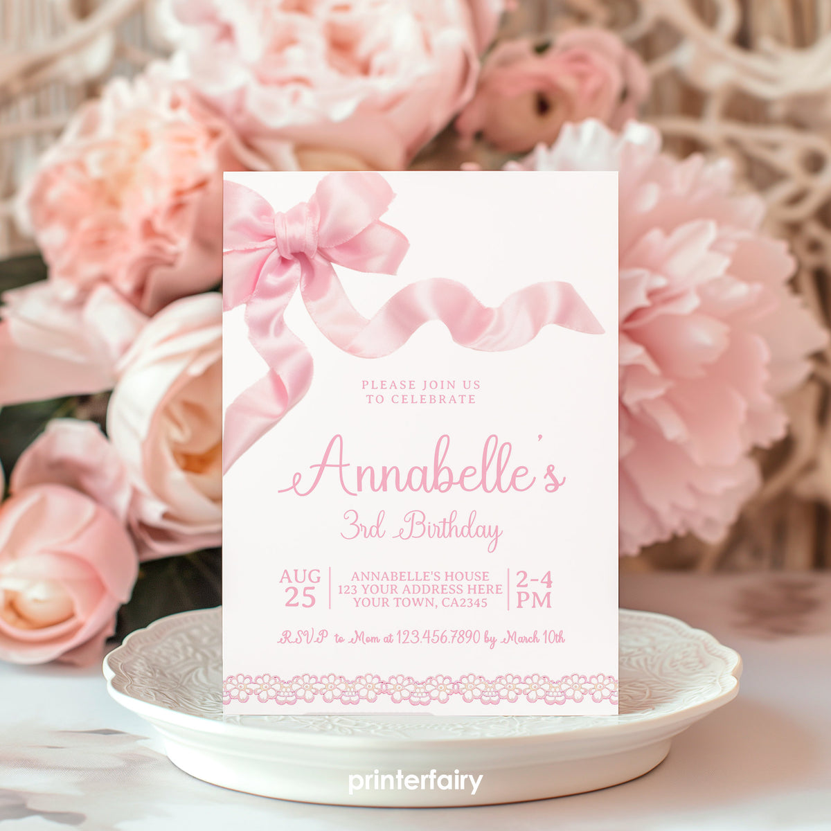 Coquette Birthday Invitation Template, Pink Bow Party Invite (Instant Download)