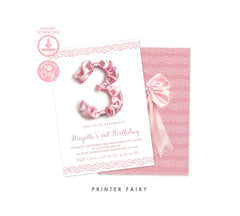 Pink Bow 3rd Birthday Invitation, Coquette Party, Editable Template (Instant Download)