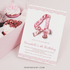 Pink Bow 4th Birthday Invitation, Coquette Party, Floral Invite (Instant Download)